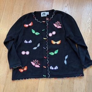 Storybook Knits Mardi Gras Masquerade Beaded Mask Cardigan Sweater Black 2X